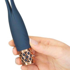 PILLOW TALK Minivibrator | 2 vibrierende Spitzen | Wasserdicht | Stufenlose Vibration | Tastensperre | Wiederaufladbar Blau/Gold