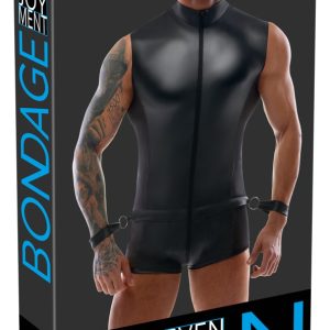 Svenjoyment Bondage Ärmelloser Overall & Handfesseln, Mattlook mit Netz-Einsätzen schwarz Größe S