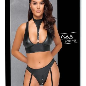 Cottelli BONDAGE BH Set, Mattlook, mit Halsband & Straps-Slip schwarz Größe S