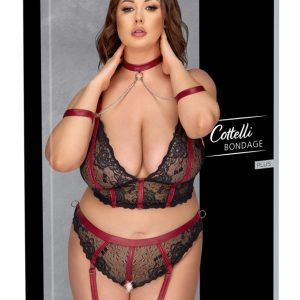 Cottelli BONDAGE PLUS - Spitzen BH-Set mit Fesseln Schwarz/Rot Größe 4XL