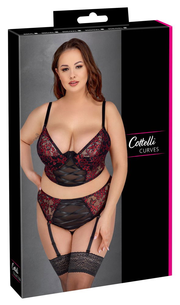 Cottelli CURVES BH-Set schwarz/rot 85C/L mit Spitze und Powernet Schwarz/Rot Größe 90C/XL