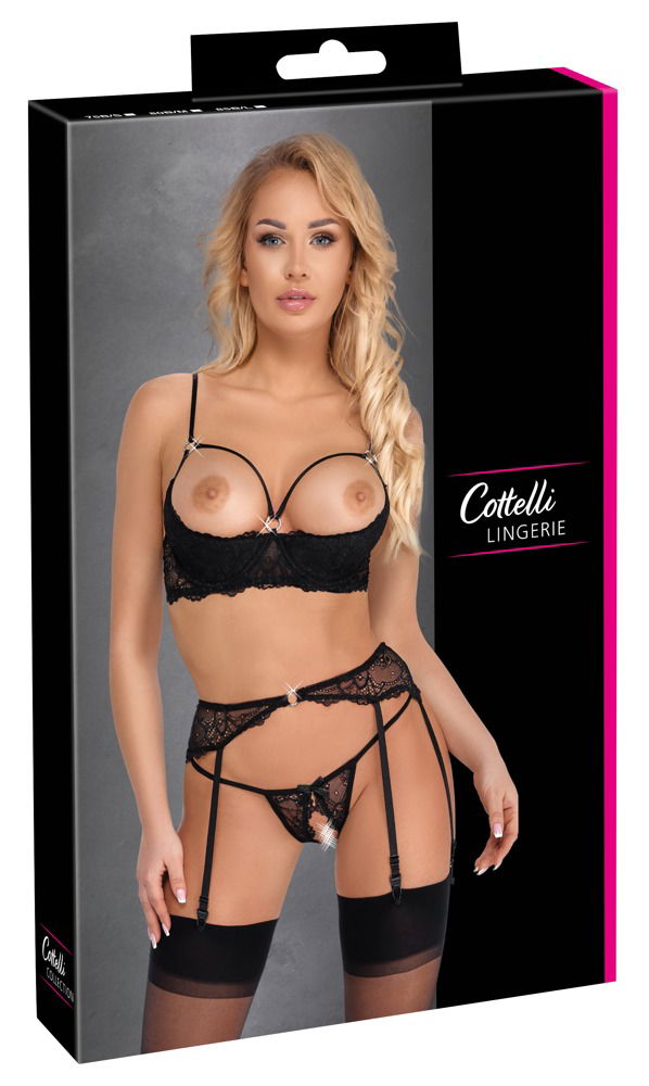 Cottelli LINGERIE Hebe-Set mit Strapsgurt und String ouvert schwarz Größe 80B/M