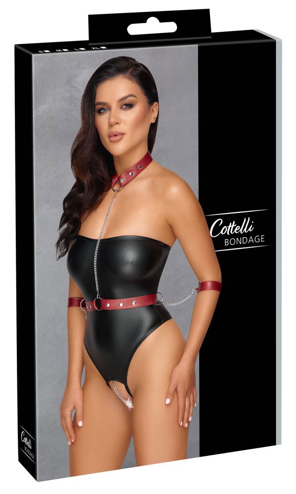 Cottelli BONDAGE Tubebody Bondage - Schulterfreier Stringbody ouvert Schwarz/Rot Größe L