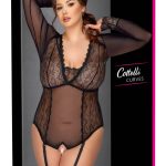 Cottelli CURVES Body Spitze - Sexy transparenter Langarm-Body schwarz Größe XL