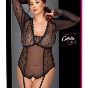 Cottelli CURVES Body Spitze - Sexy transparenter Langarm-Body schwarz Größe 2XL