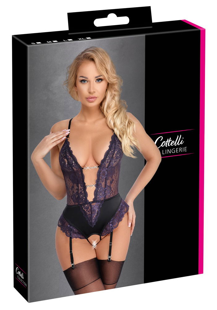 Cottelli LINGERIE - Ouvert-Body Strapsen, lila/schwarz Schwarz/Lila Größe XL