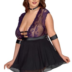 Cottelli BONDAGE PLUS Babydoll-Set: Fesselnd verspielt, lilafarbene Spitze, Armfesseln Schwarz/Lila Größe 3XL