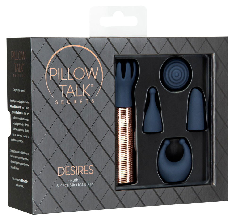 PILLOW TALK Desires - Minivibrator mit 5 Aufsätzen Gold/Dunkelblau