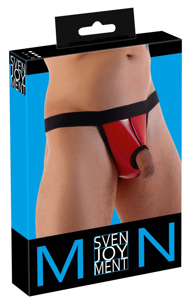 Svenjoyment Glanz-String mit Swellfunktion, Lackglanz, rot/schwarz, breiter Webgummibund