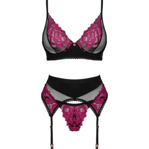 Obsessive Rosenty Set - 3-teiliges elegantes Straps-Set mit Rosenspitze und Netz XL/2XL