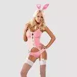Obsessive Bunny Kostüm-Set , 5-teilig, Tube-Body, Lack-Maske, Satin-Halsband, inkl. Clip-Strapse & Netzstrümpfe pink S/M