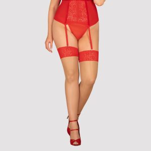 Obsessive Strapsstrümpfe 838-STO-3 - Nudefarben, elastischer Spitzen-Abschluss rot 4XL/5XL