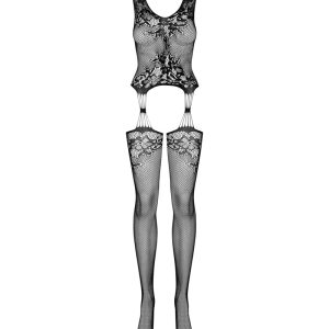 Obsessive Catsuit "Blumenmotiv" - Sexy Bodystocking mit gestricktem Oberteil und Strümpfen schwarz XL/2XL