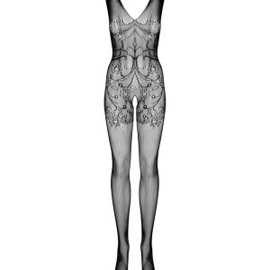 Obsessive Catsuit "Blumenmotiv" - Sexy Bodystocking mit gestricktem Oberteil und Strümpfen schwarz S-L