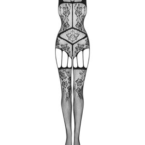 Obsessive F238 Bodystocking - Schwarzes Netz mit Blumenmotiv, offener Schritt schwarz S-L