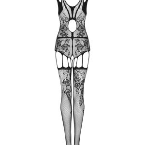 Obsessive F238 Bodystocking - Schwarzes Netz mit Blumenmotiv, offener Schritt schwarz S-L