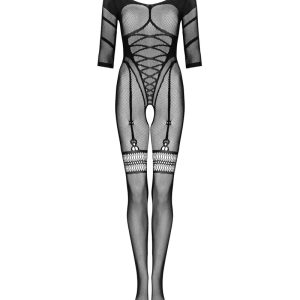 Obsessive Bodystocking G329 - Schwarz, Korsett-Imitation, Wow-Effekt, geometrische Motive, verführerisches Dekolleté, offener Schritt, elastisches Material schwarz XL/2XL