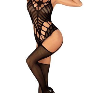 Obsessive N122 Bodystocking, feuerrot, , sexy Schnitt, originelles Muster schwarz S-L