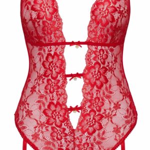 Kissable Verführerischer Spitzen-Straps-Body in Rot mit Goldakzenten, Größe S/M