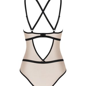 Obsessive Body Moketta - Verführerischer Spitzen-Body mit glänzenden Streifen braun S/M