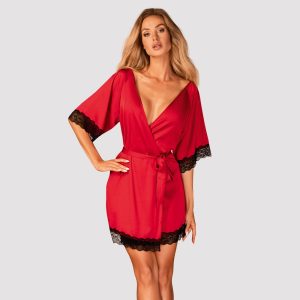 Obsessive Schwarze Satinrobe mit Tanga - für sinnliches Vergnügen (95% Polyester, 5% Elasthan) rot 2XL