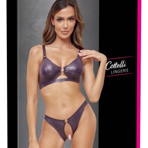 Cottelli Lingerie Wetlook-Set, lilafarben, BH und Slip ouvert