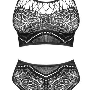 Obsessive Schwarzes Dessous-Set K103 - Sexy Netzmaschen, Top und String Ouvert, Schwarz, Größe S-XL