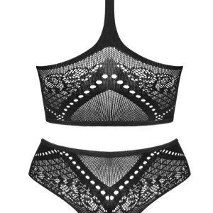 Obsessive Schwarzes Dessous-Set K103 - Sexy Netzmaschen, Top und String Ouvert, Schwarz, Größe S-XL