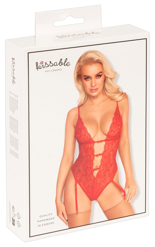 Kissable Verführerischer Spitzen-Straps-Body in Rot mit Goldakzenten, Größe S/M