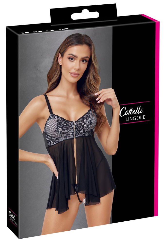 Cottelli LINGERIE Set - Babydoll und String Ouvert, Größe M, Schwarz-Weiß