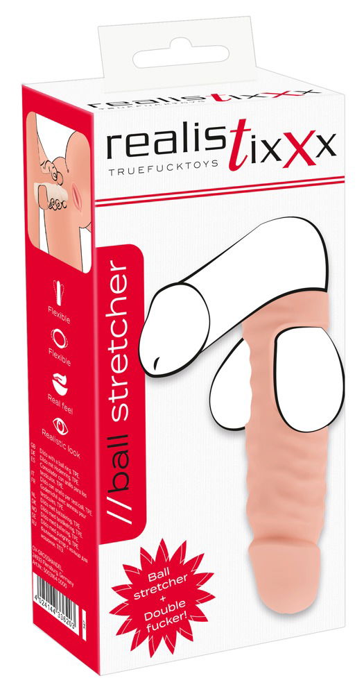 Realistixxx Doppel-Penetration Ball Stretcher mit Dildo, Größe: dehnbar, Farbe: Haut, 14,8 cm