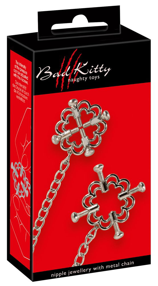 Bad Kitty Nipple Jewellery with Metal Chain - Edelstahl Nippelklemmen, verstellbar - Brustschmuck in silber