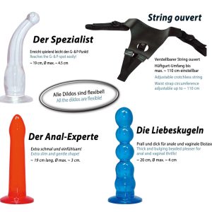 You2Toys Umschnall-String mit 3 Dildos Rot/Transparent/Blau