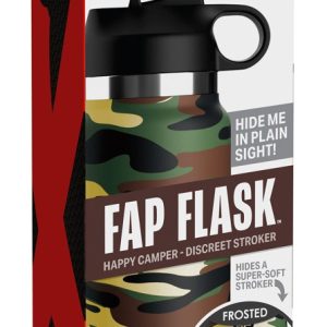 PDX Plus+ Fap Flask Happy Camper Masturbator, Tarnmuster, diskret, unterwegs, raffinierte Stimulationsstruktur, Flip-Top-Saugventil, Daumenschlaufe, lebensechtes Erlebnis, 23,8 cm, 600 g.