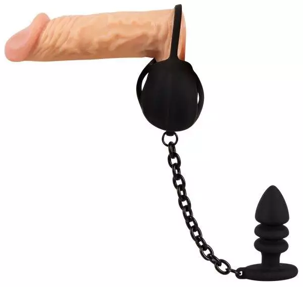 Black Velvets Ball cage with butt plug - Penisring, Hodenkäfig und Analplug aus Silikon