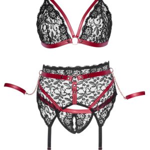 Cottelli BONDAGE - Spitzen BH Set mit Armfesseln Schwarz/Rot 3XL