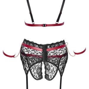 Cottelli BONDAGE - Spitzen BH Set mit Armfesseln Schwarz/Rot 3XL