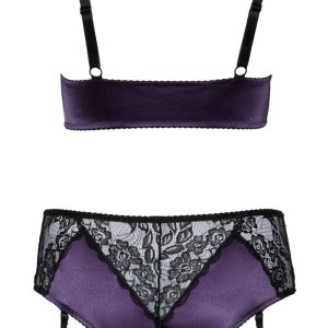 Cottelli CURVES: Satin-Spitzen Set, Bralette & Strap-Slip Lila/Schwarz 3XL