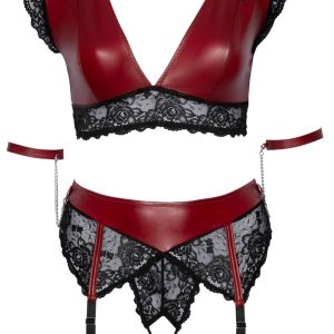 Cottelli BONDAGE: BH Set mit Armfesseln - Edler Mattlook & feine Spitze Rot/Schwarz 3XL