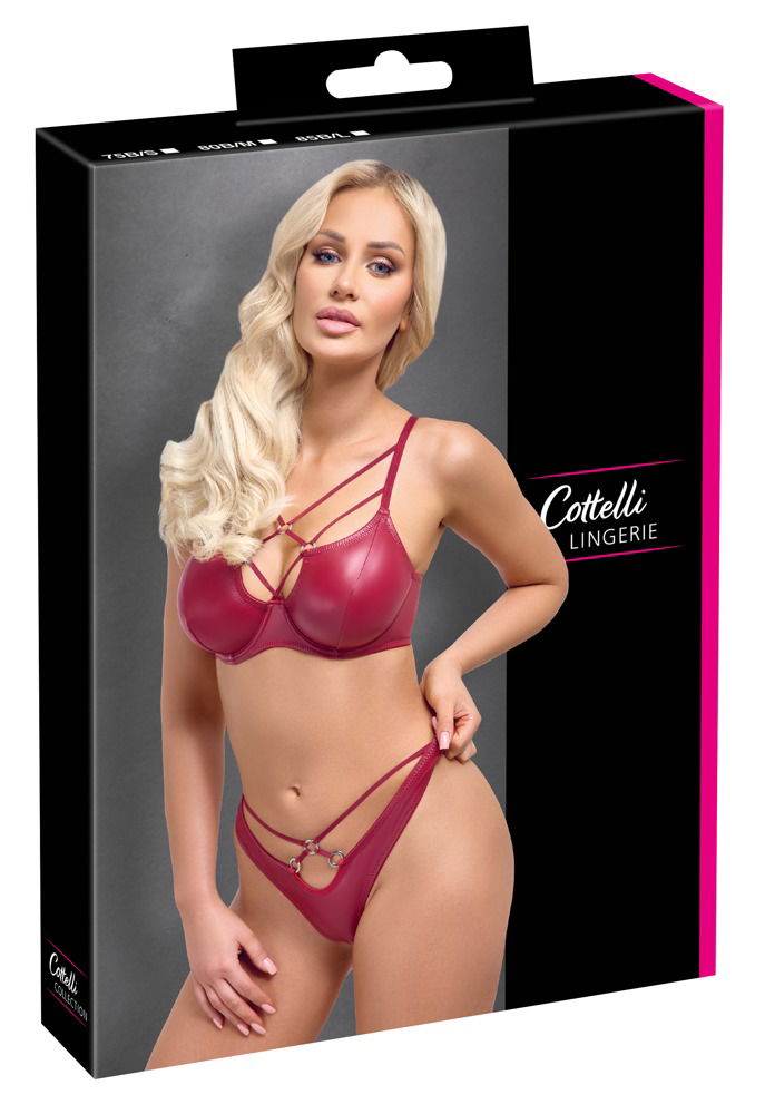 Cottelli LINGERIE Wetlook-Set mit Ringen und Riemchen - Rot, Bügel-BH und String