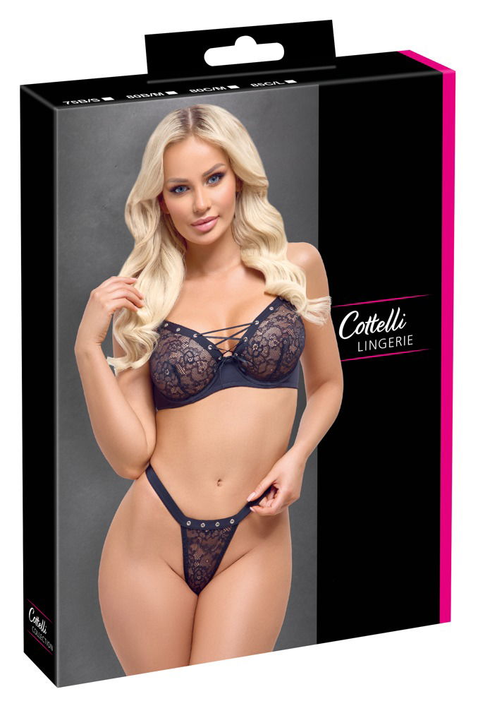 Cottelli LINGERIE Spitzen-BH & Riostring Set, schwarz, mit dekorativen Ösen