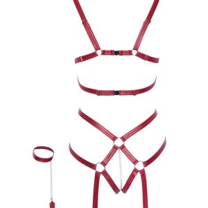 Bad Kitty Bondage Body - Exklusiver Einteiler mit Strapsen und Handfesseln dunkelrot S/M