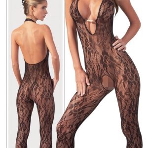 NO:XQSE Catsuit - Schwarzes Netz mit Perlen, ouvert im Schritt L/XL