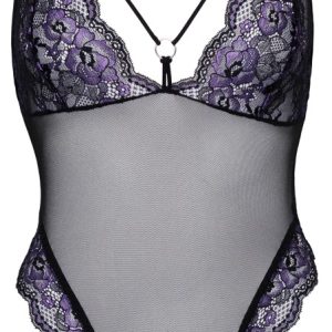 Cottelli LINGERIE Body Spitze - Verführerischer Body ouvert mit Blütenspitze Schwarz/Lila S