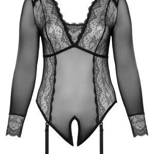 Cottelli CURVES Body Spitze - Sexy transparenter Langarm-Body schwarz Größe XL