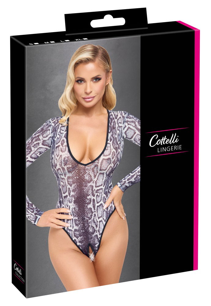 Cottelli LINGERIE Langarm-Body ouvert in Snakeskin-Optik, transparent, tief dekolletiert