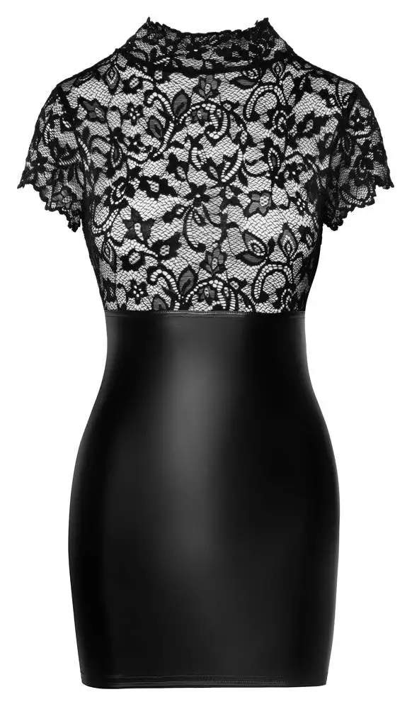 Noir Erotisch Elegantes Spitzenkleid, eng geschnitten, mit Stehkragen schwarz Größe S – Hollow B