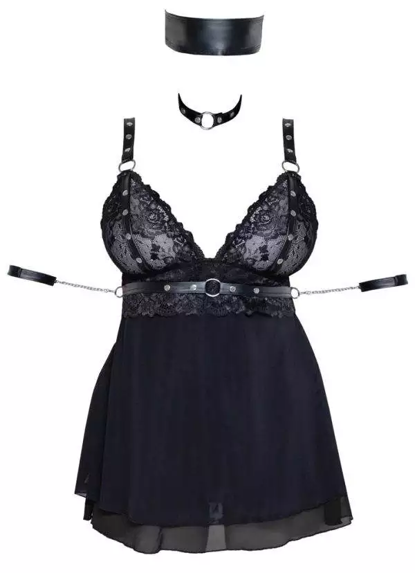 Cottelli BONDAGE - Babydoll Set mit Halsband und Armfesseln XL – Hollow B