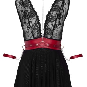 Cottelli BONDAGE - Spitzen-Babydoll mit Powernet, Gürtel & Halsband Schwarz/Rot S