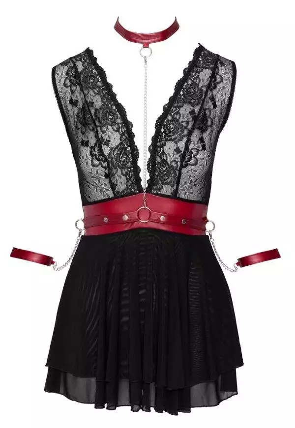 Cottelli BONDAGE - Spitzen-Babydoll mit Powernet, Gürtel & Halsband Schwarz/Rot S – Hollow B